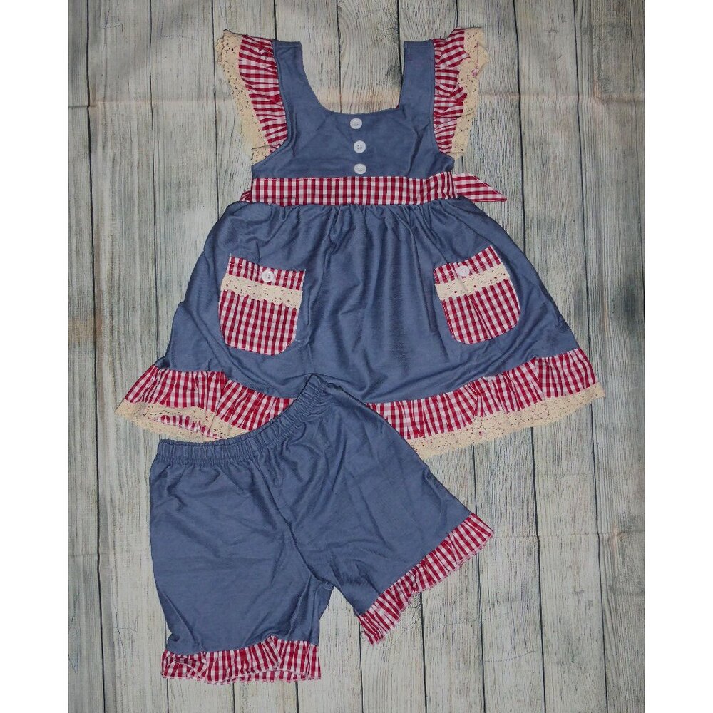 Boutique Girls Blue Red Gingham Trim Tunic & Shorts Outfit 4th of July